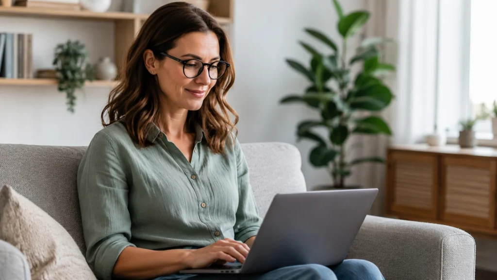 Woman applying online from her living room for no medical exam life insurance using a laptop.