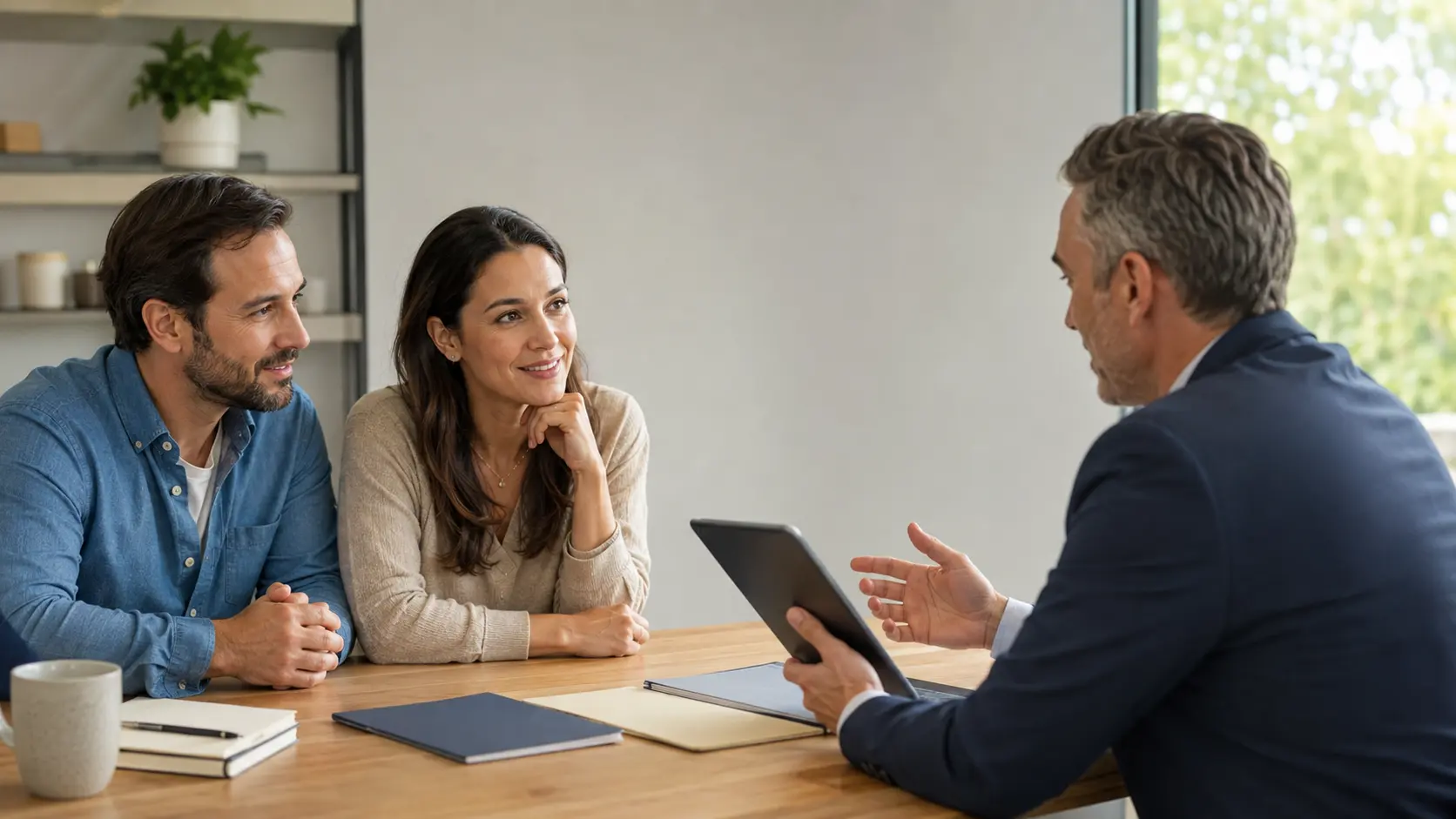 An American couple reviewing policy choices with an advisor to select the best whole life insurance policy.