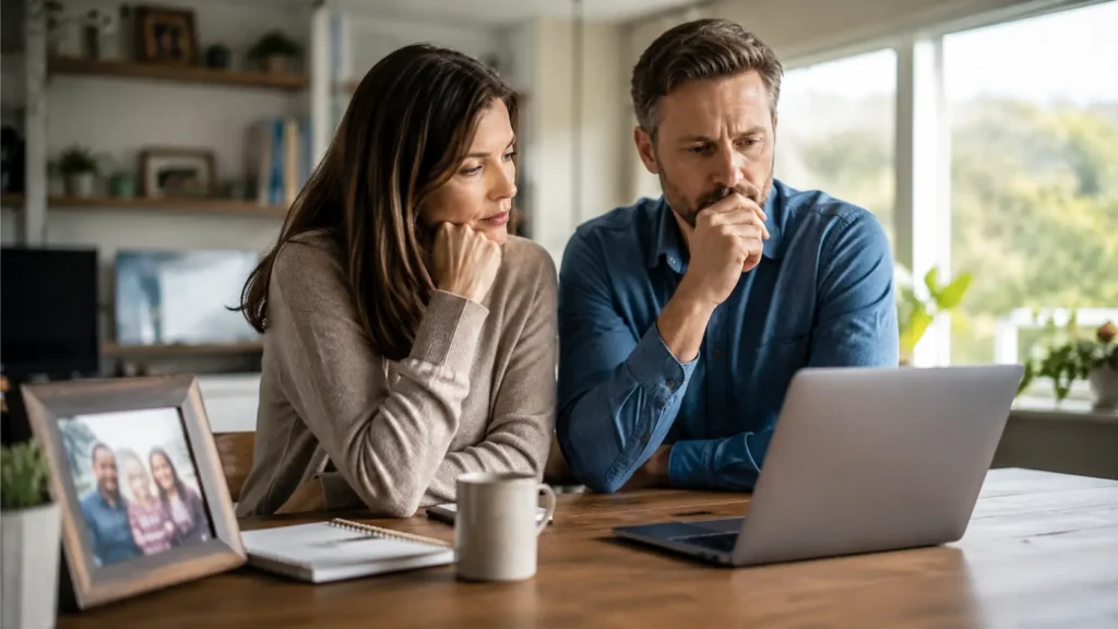 A thoughtful couple reviewing long-term financial plans on a laptop while considering is whole life insurance worth it.