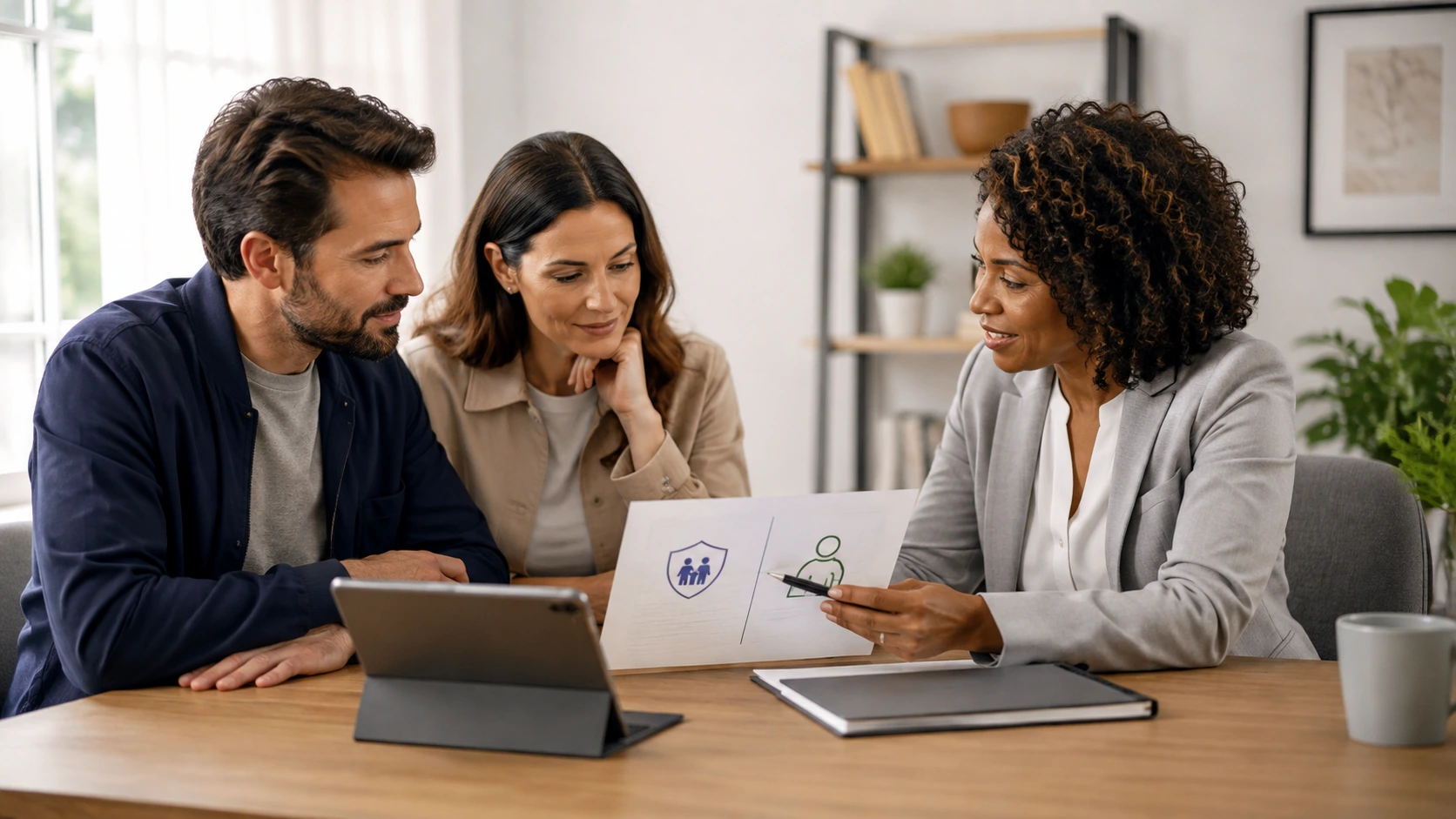 Couple reviewing policy options with a professional advisor while comparing types of life insurance in a bright home office.