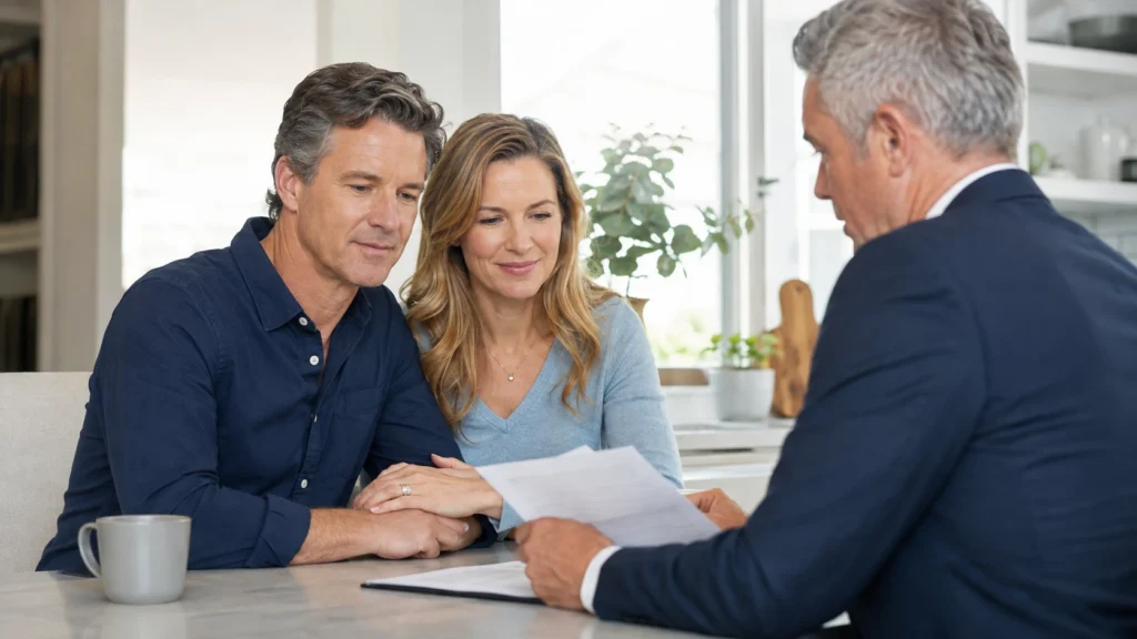 Middle-aged American couple reviewing a simple application with an insurance advisor while learning what is simplified issue whole life insurance and how the coverage works.
