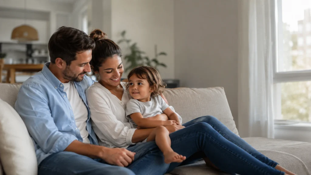 Young American parents relaxing with their child at home, illustrating who needs life insurance to help protect loved ones.