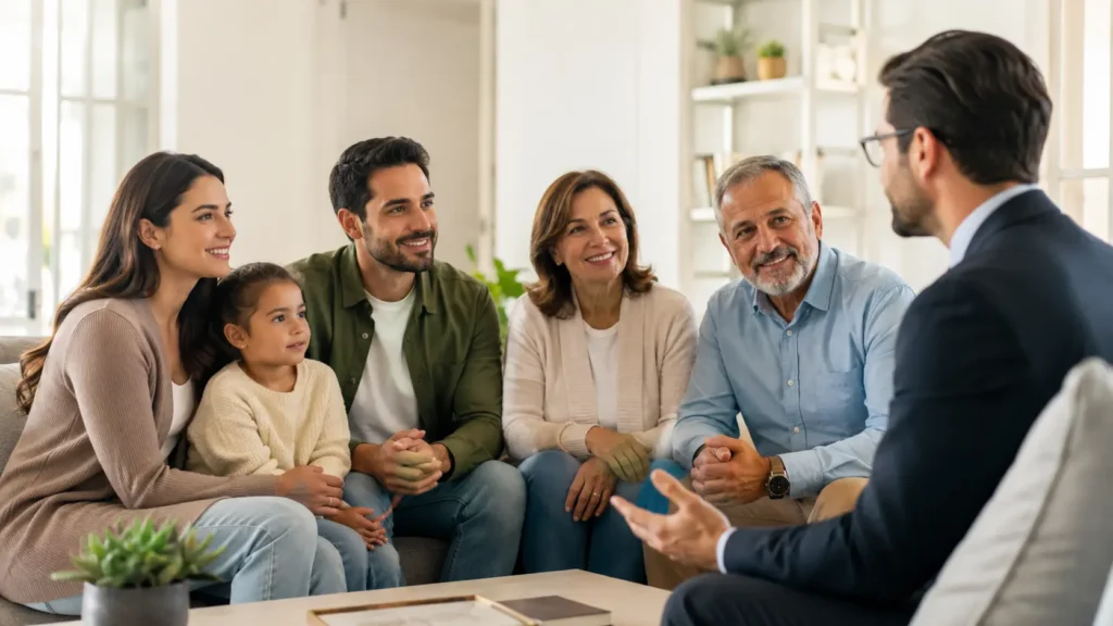 A multigenerational American family meeting with an insurance professional to discuss who should buy whole life insurance.