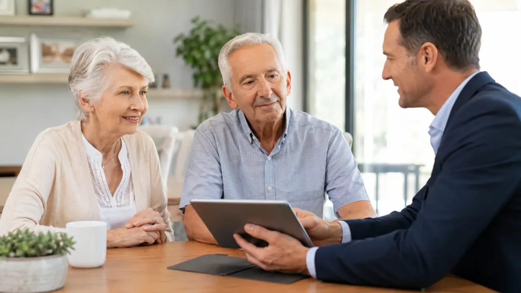 A senior American couple reviewing coverage options with an advisor during a whole life insurance for seniors consultation.