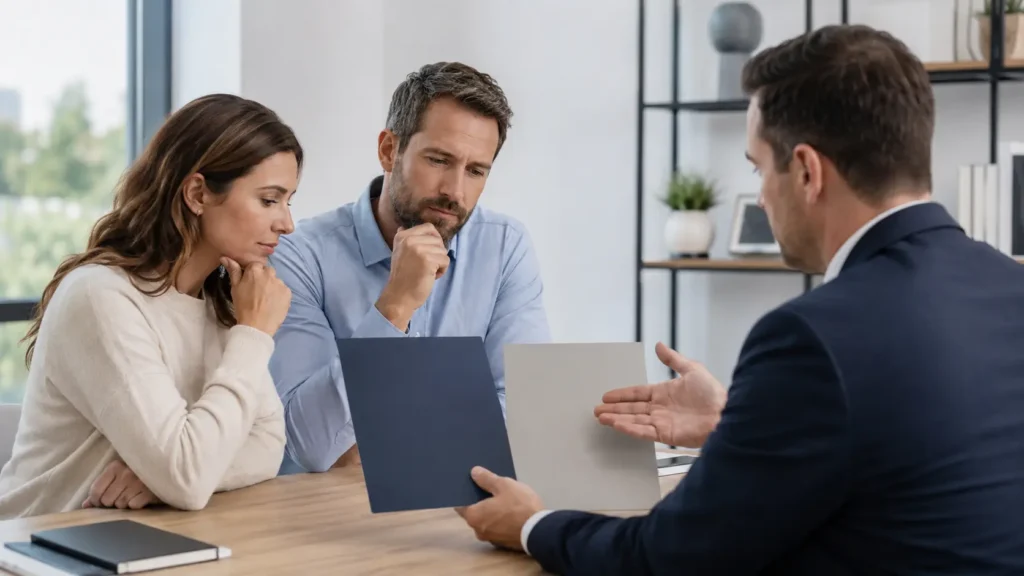 An American couple comparing two coverage options with a financial advisor during a whole life insurance vs term life insurance discussion.